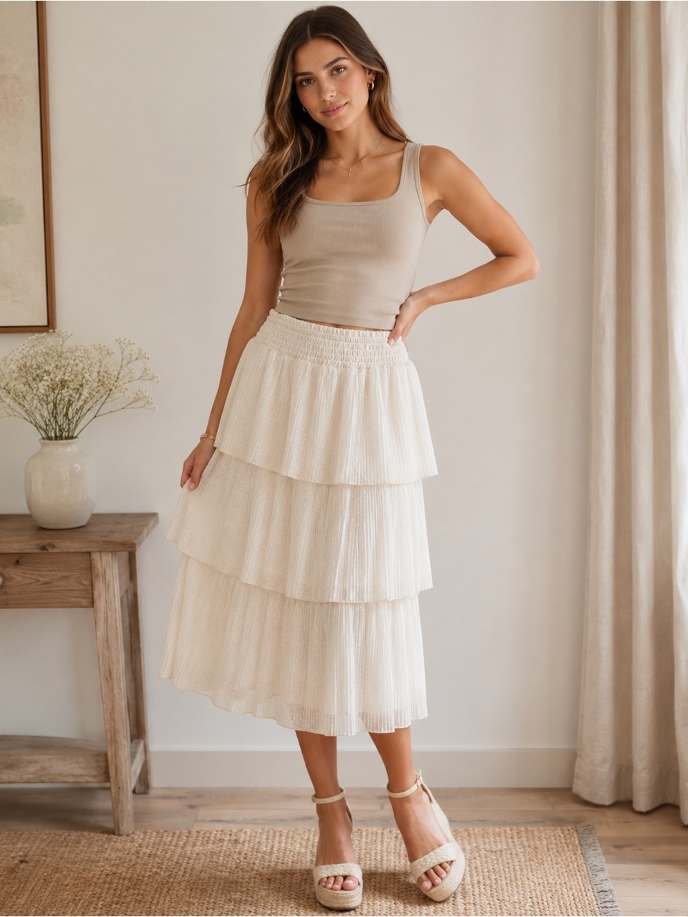 DR2 Cream Tiered Midi Skirt L – Boho Layered Ruffle Skirt, Cottagecore